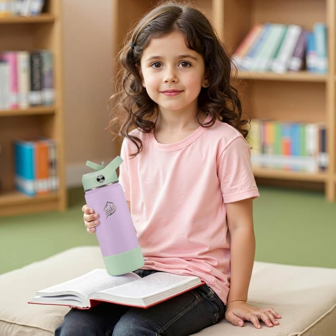 Το Coolnmore Nook παιδικο παγουρι θερμος 500ml. Child writing at a desk with a purple and green water bottle nearby