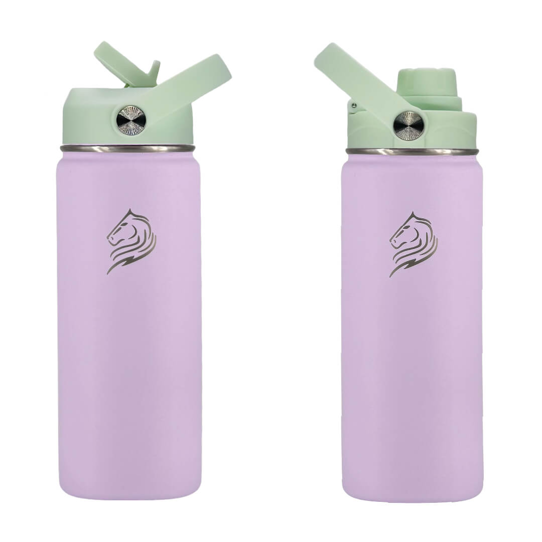 Το Coolnmore Nook θερμος 350ml με καλαμακι και sports καπακι. Two purple water bottles with green lids on a white background