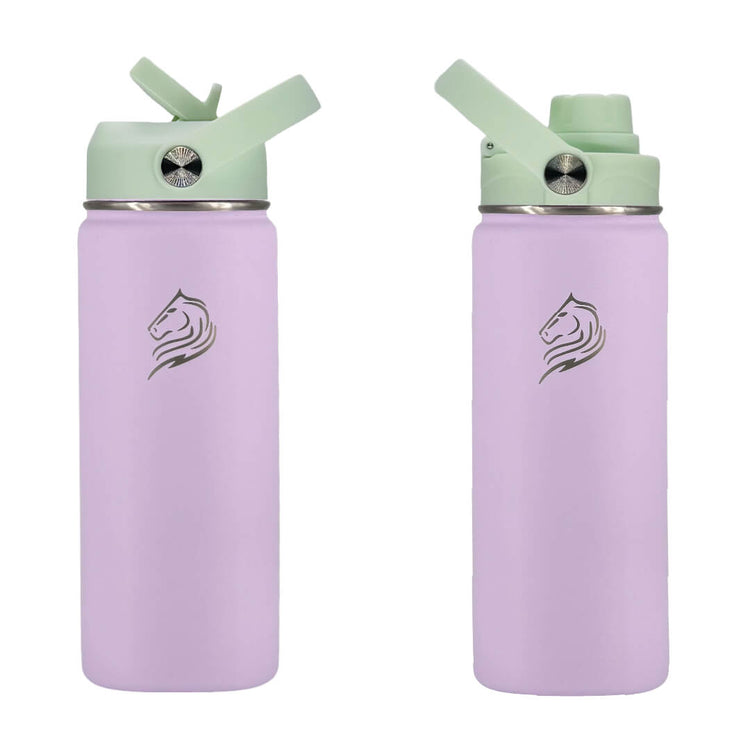 Το Coolnmore Nook θερμος 350ml με καλαμακι και sports καπακι. Two purple water bottles with green lids on a white background