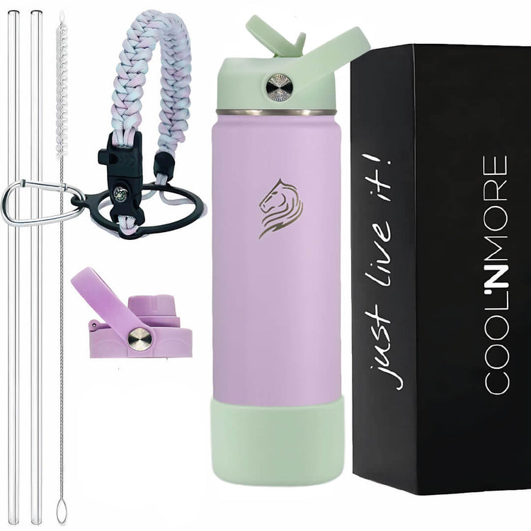 Το Coolnmore Nook θερμος 500ml με 7 αξεσουαρ και gift box. Purple and green water bottle with accessories and 'Cool'n'More' packaging.