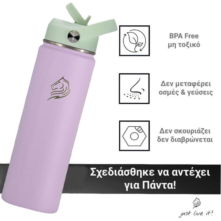 Το Coolnmore Nook θερμος νερου 500ml bpa free.  Purple water bottle with green lid on a white background, featuring BPA-free and other product details.