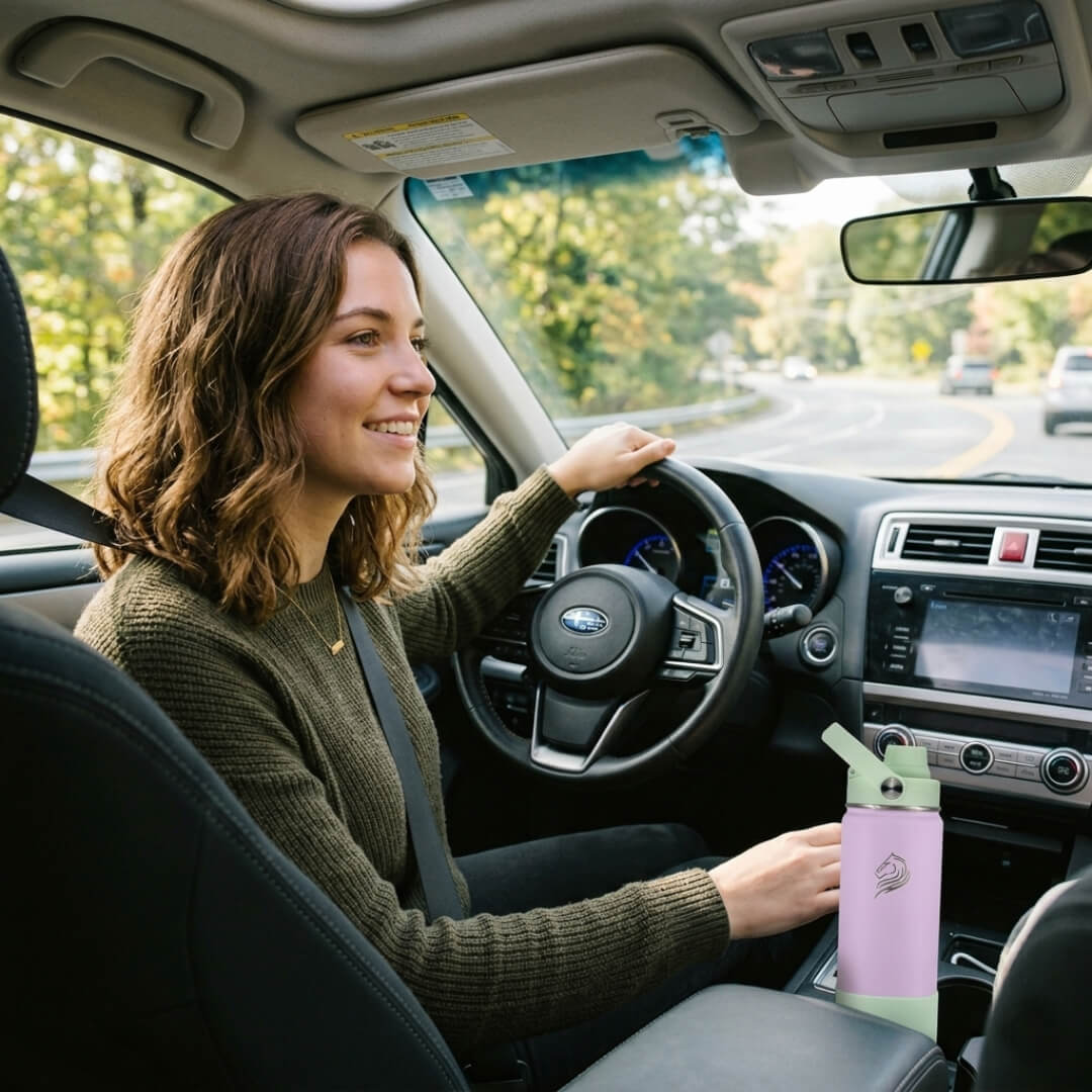 Το Coolnmore Nook θερμος 500ml χωραει στην ποτηροθηκη.  Woman driving a car with a pink water bottle in the cup holder