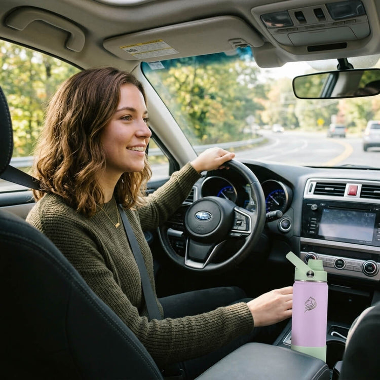 Το Coolnmore Nook θερμος 500ml χωραει στην ποτηροθηκη.  Woman driving a car with a pink water bottle in the cup holder