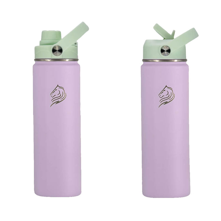 Το Coolnmore Nook θερμος 500ml με καλαμακι και sports καπακι. Two purple water bottles with green lids on a white background