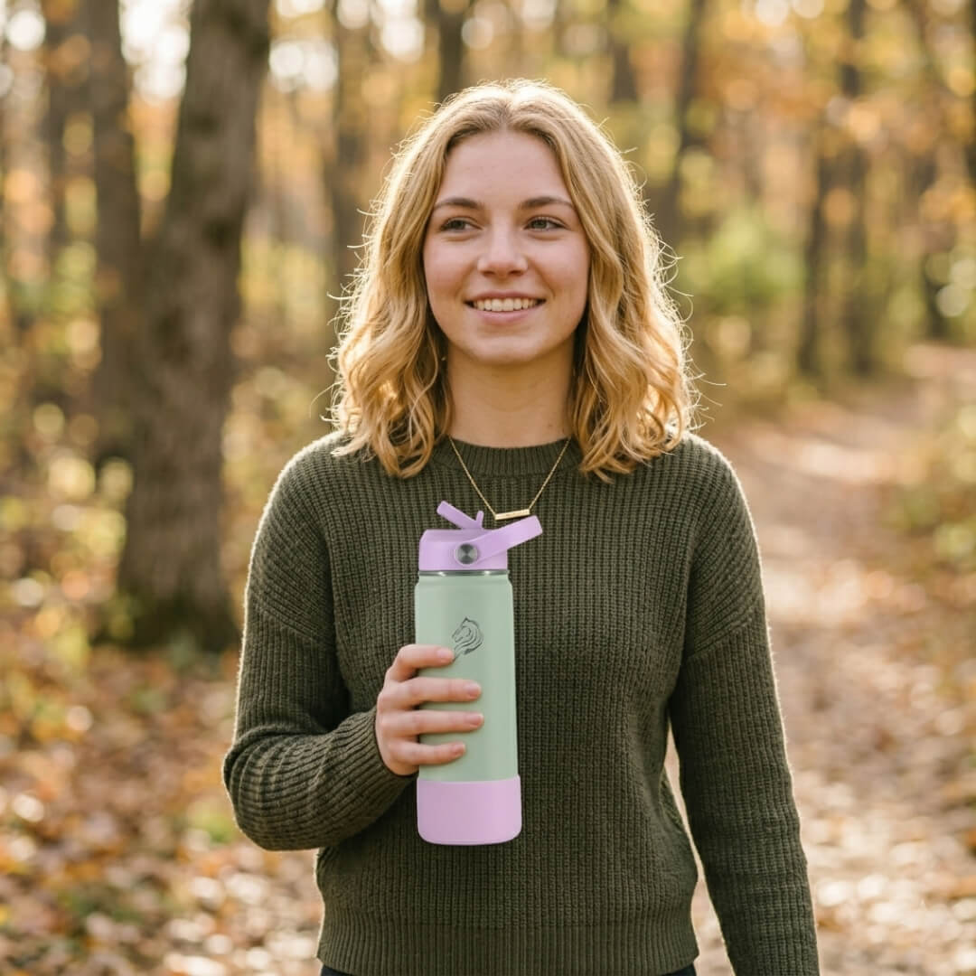 Το Coolnmore Nook μπουκαλι θερμος 500ml με καλαμακι. Woman holding a green and pink water bottle in a forest setting