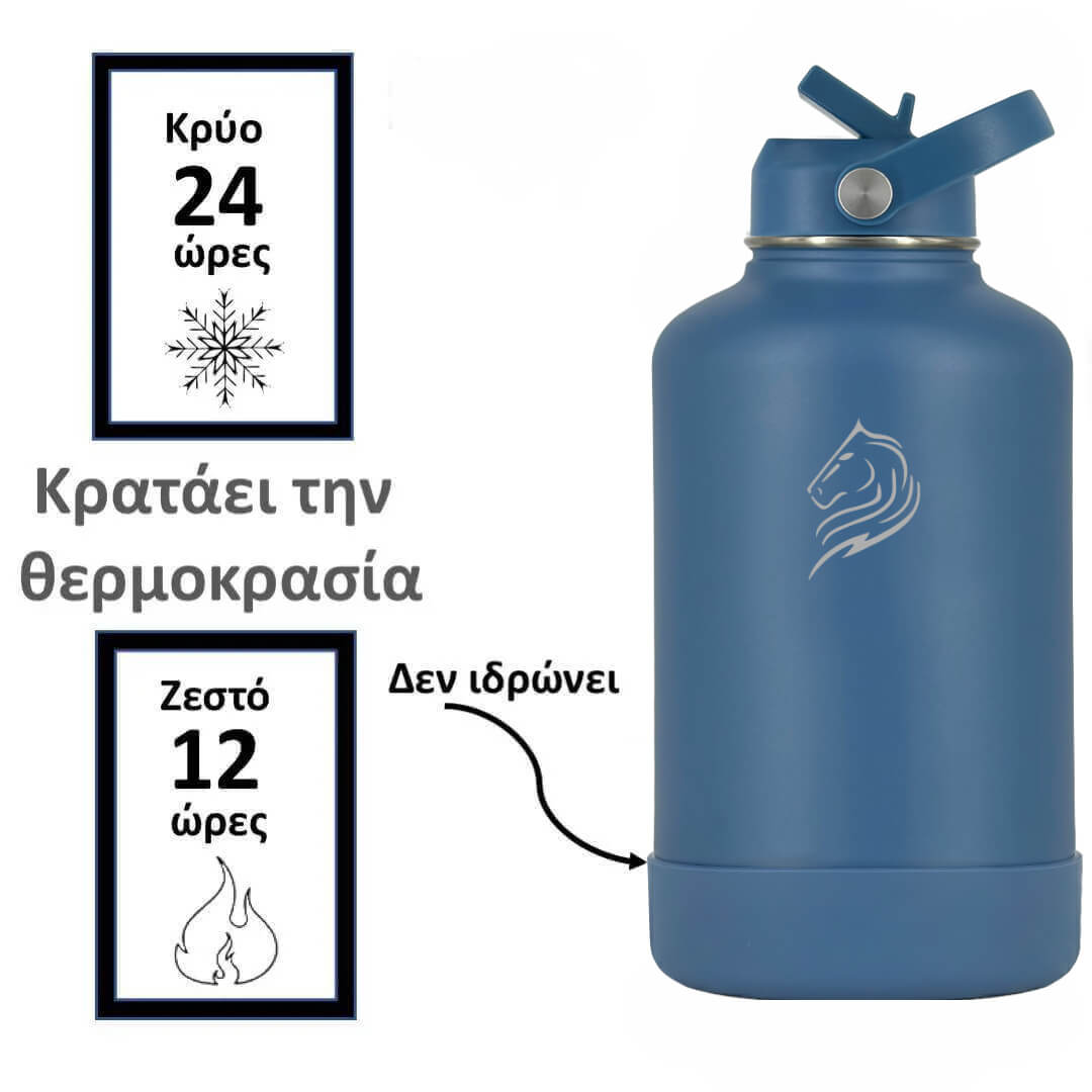 Blue insulated bottle with temperature display text on a white background. Coolnmore Denim θερμος 1.5lt 