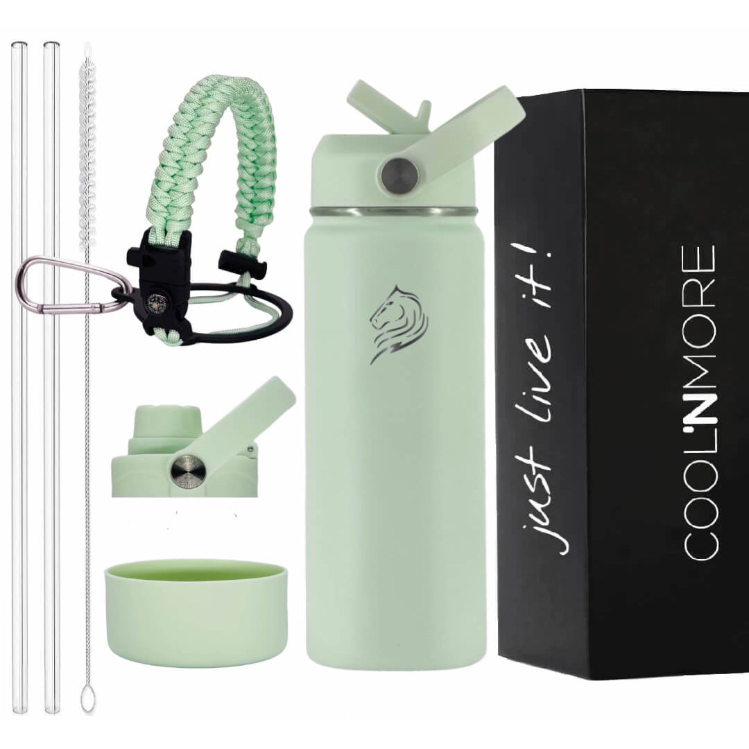 Coolnmore Mint παιδικο παγουρι θερμος νερου και θερμος καφε. Light green water bottle set with accessories and packaging on a white background
