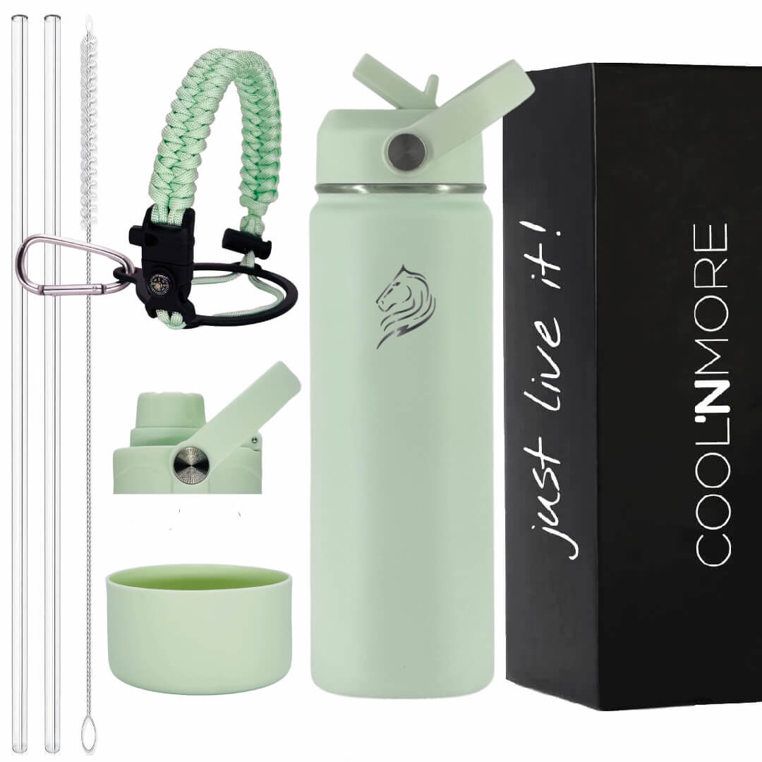 Coolnmore παγουρι θερμος νερου mint-500ml. Mint green water bottle set with accessories and 'COOL'N'MORE' branding on a white background