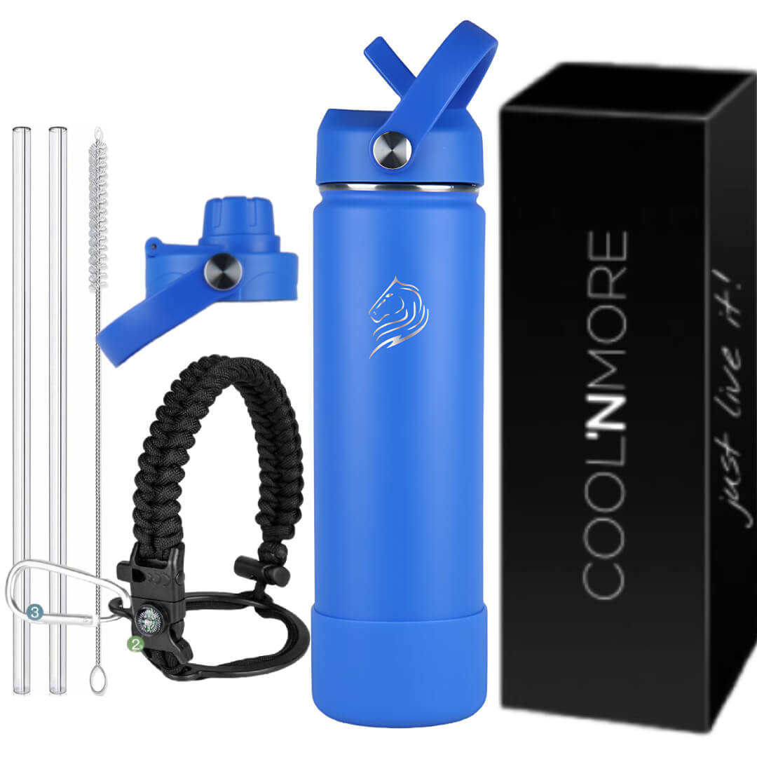 coolnmore royal blue παγουρι θερμος ανοξειδωτο με καλαμακι 750ml μπλε, με 7 αξεσουαρ