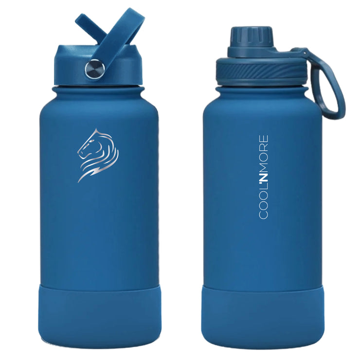 coolnmore royal blue μπουκαλι θερμος νερου ανοξειδωτο με καπακι καλαμακι και sports καπακι, με βαση σιλικονης 650ml μπλε ματ