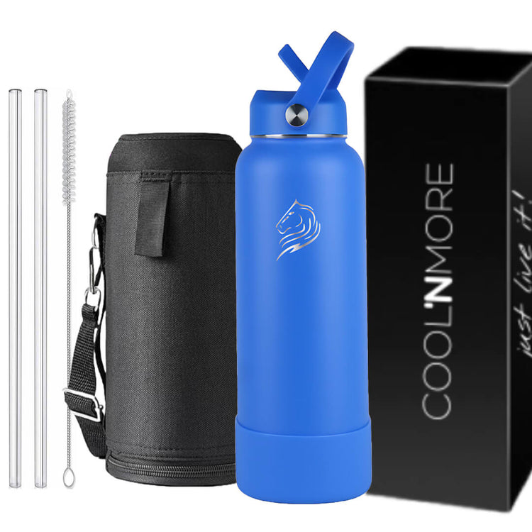 coolnmore royal blue θερμος 1000ml ανοξειδωτο με 2 καπακια, με 2 καλαμακια, βουρτσακι καθαρισμου και θηκη σιλικονης, με λαβη paracord και τσαντα μεταφορας