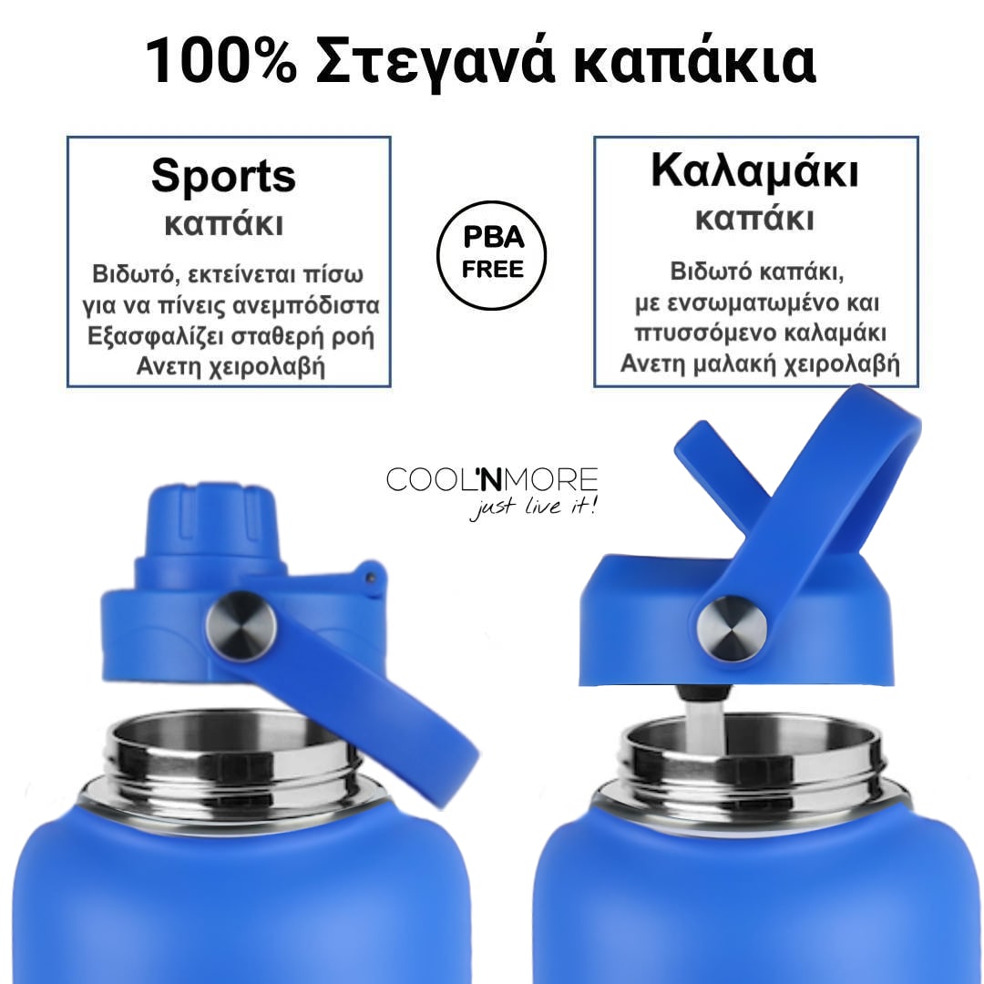 Coolnmore Royal Blue παιδικο παγουρι θερμος 350ml. Blue water bottles with different types of caps on a white background, featuring text in Greek.