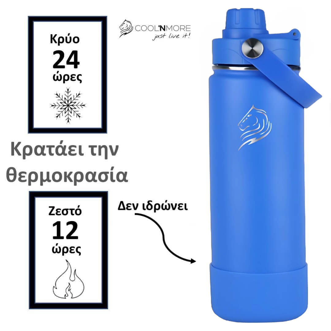 Coolnmore Royal Blue παιδικο παγουρι θερμος 350ml.  insulated bottle with temperature display text and Coolmore logo on a white background