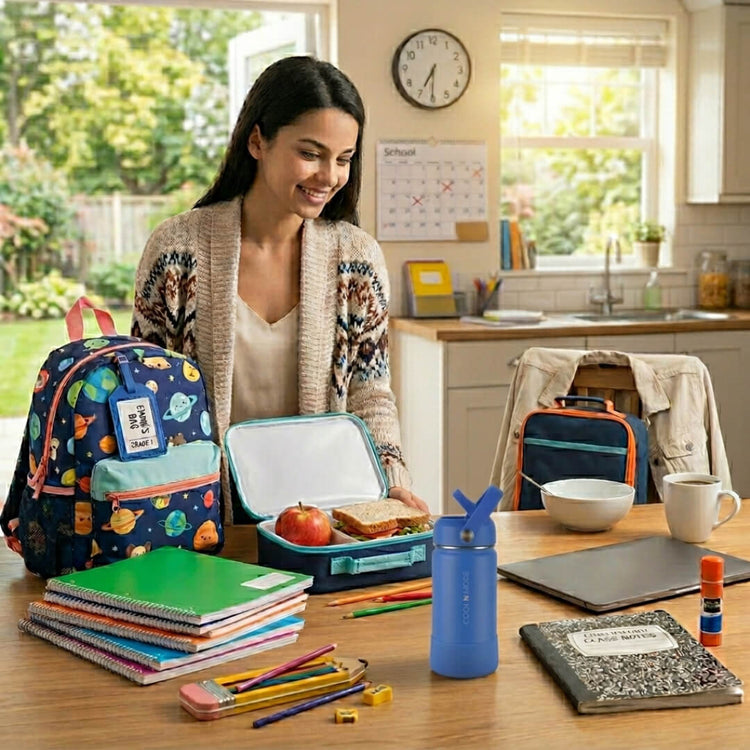 Coolnmore Royal Blue παιδικο παγουρι θερμος 350ml. Woman preparing school supplies on a kitchen counter with backpacks and lunchbox.