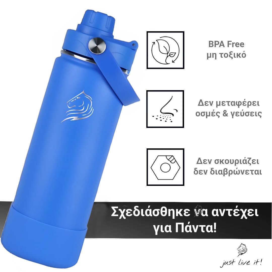 Coolnmore Royal Blue παιδικο παγουρι θερμος 350ml. Blue water bottle with features highlighted on a white background