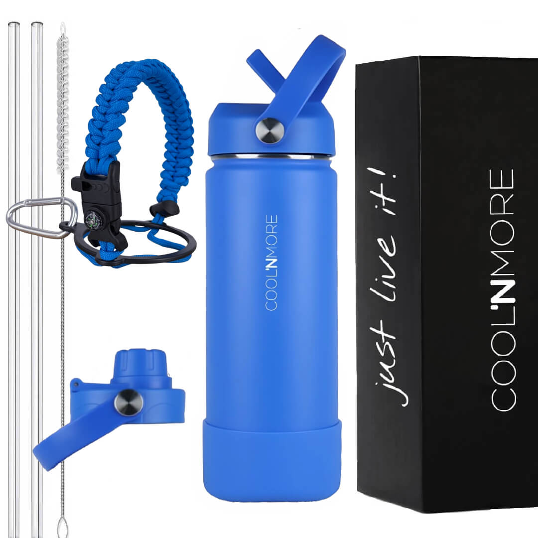 Coolnmore Royal Blue παιδικο παγουρι θερμος 350ml. Blue water bottle with accessories and packaging on a white background