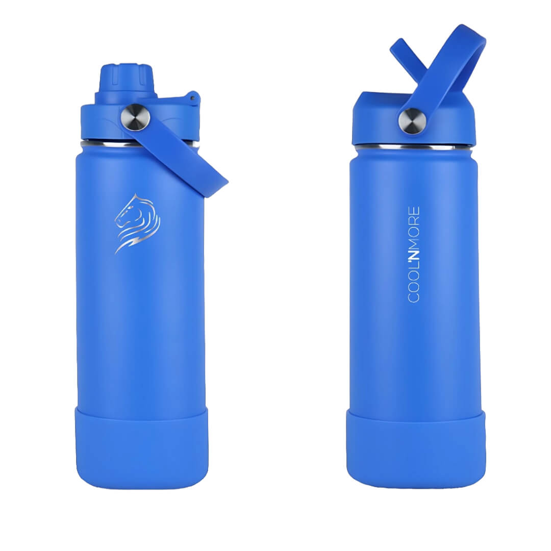 Coolnmore Royal Blue παιδικο παγουρι θερμος 350ml. Two blue water bottles with blue lids on a white background