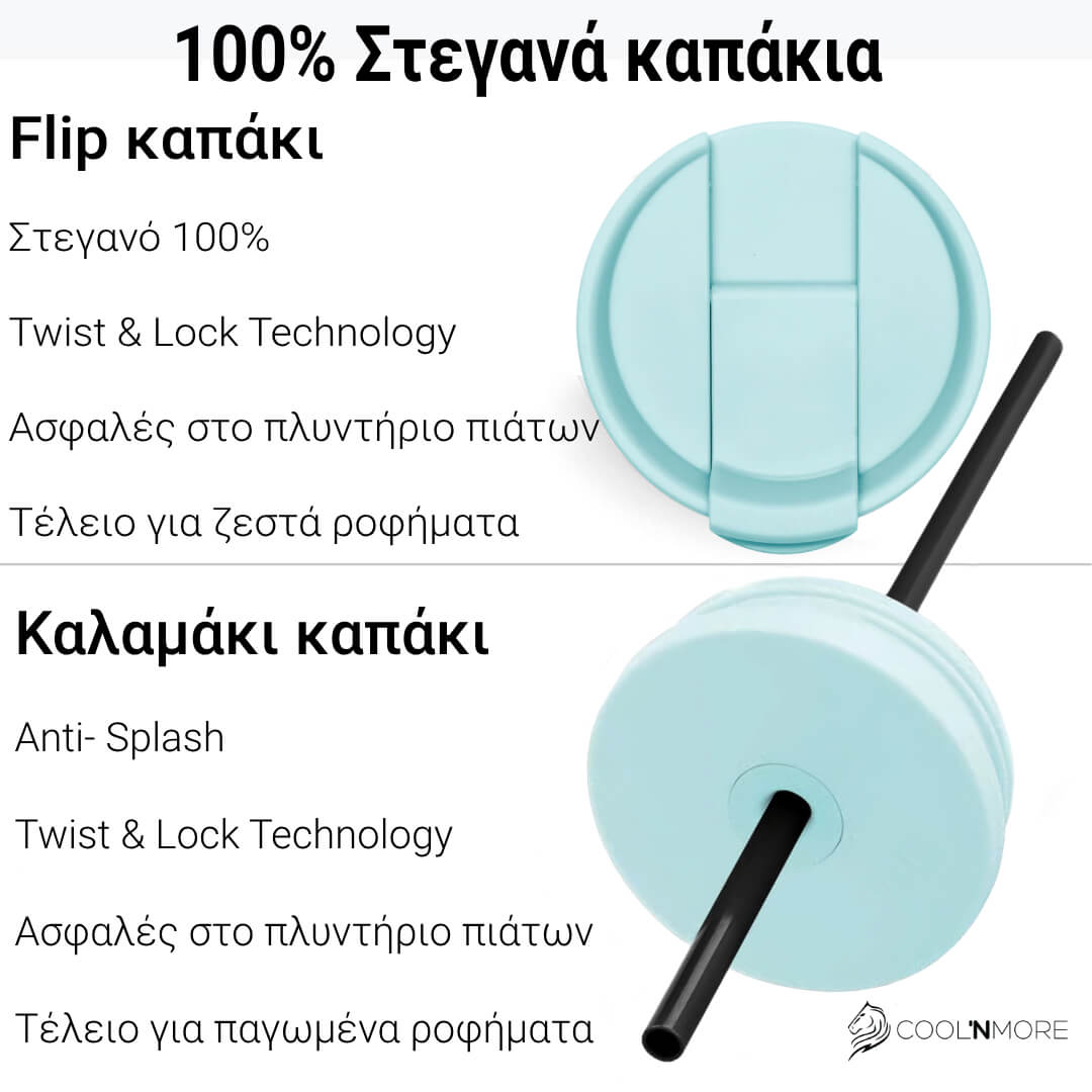 Θερμός καφέ ποτήρι με καλαμάκι Coolnmore Sea side 600ml με 2 στεγανά καπάκια: Καπάκι καλαμάκι: Βιδωτό, στεγανό, με δακτυλίδι σιλικόνης, ιδανικό για κρύα ροφήματα. Flip top καπάκι: για ζεστό καφέ. Τα καλύτερα θερμός για καφέ είναι από Premium ανοξείδωτο ατσάλι
