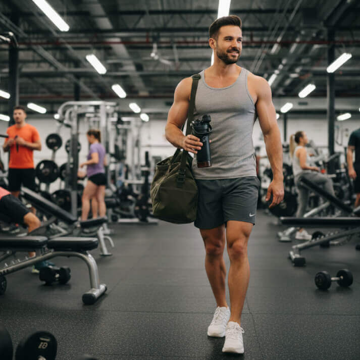 Coolnmore shaker πρωτεινης θερμος 700ml, αντρας βαδιζει στο γυμναστηριο κρατωντας το σεικερ 