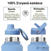 coolnmore sky blue μαγνητικο μπουκαλι θερμος νερου ανοξειδωτο με σετ αξεσουαρ με καπακι καλαμακι και sports καπακι, με βαση σιλικονης 750ml ματ