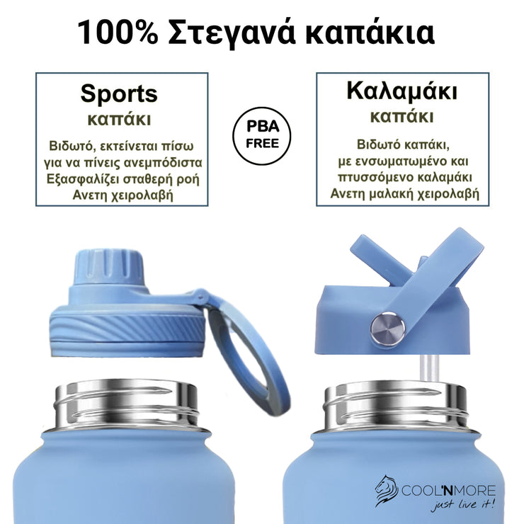 coolnmore sky blue μαγνητικο μπουκαλι θερμος νερου ανοξειδωτο με σετ αξεσουαρ με καπακι καλαμακι και sports καπακι, με βαση σιλικονης 750ml ματ