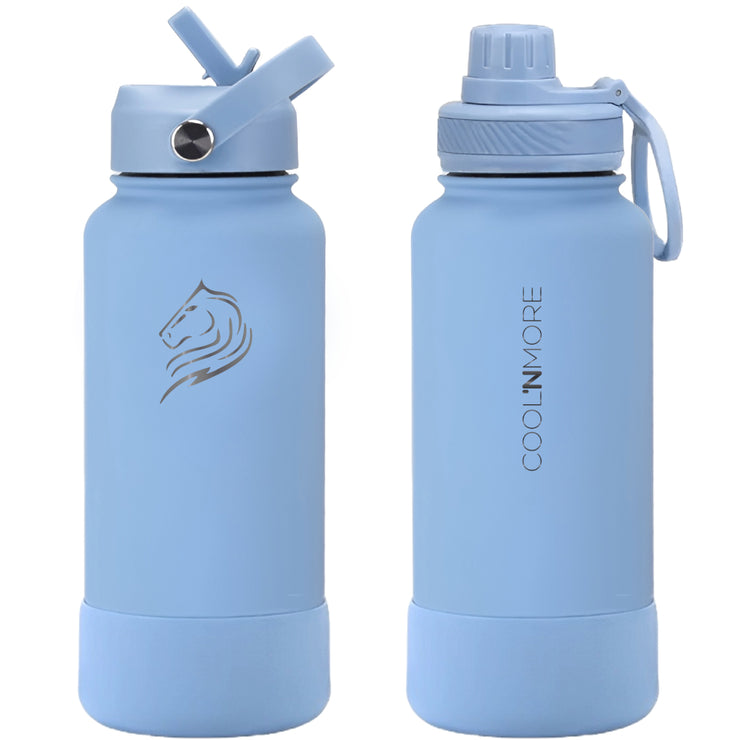 coolnmore Sky Blue μπουκαλι θερμος νερου ανοξειδωτο με καπακι καλαμακι και sports καπακι, με βαση σιλικονης 650ml μπλε ματ