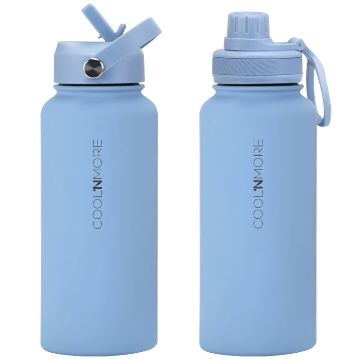 coolnmore Sky Blue μπουκαλι θερμος νερου ανοξειδωτο με καπακι καλαμακι και sports καπακι 100% στεγανά, 650ml μπλε ματ