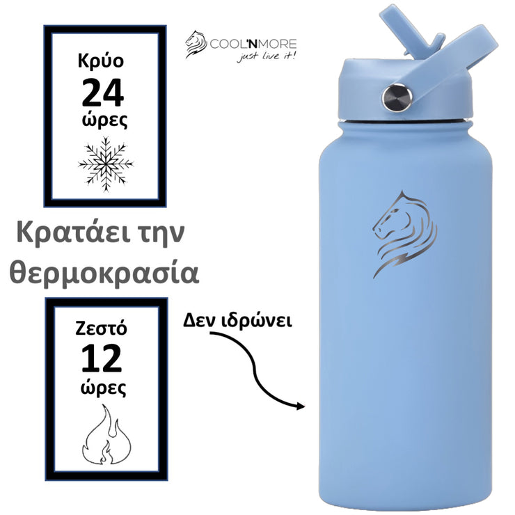 coolnmore sky blue μπουκαλι θερμος νερου ανοξειδωτο κραταει τα ροφηματα κρυα εως 24 ωρες και ζεστα εως 12 ωρες 750ml ματ