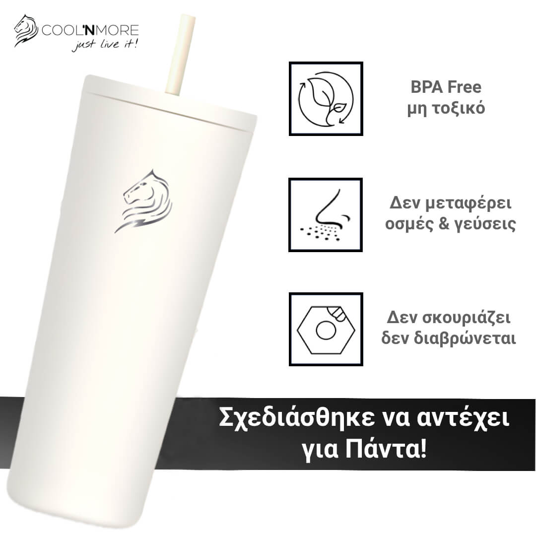 Θερμός καφέ ποτήρι  Coolnmore snow 600ml από ανοξείδωτο ατσάλι με καλαμάκι. δεν μεταφερει οσμες και γευσεις, BPA FREE