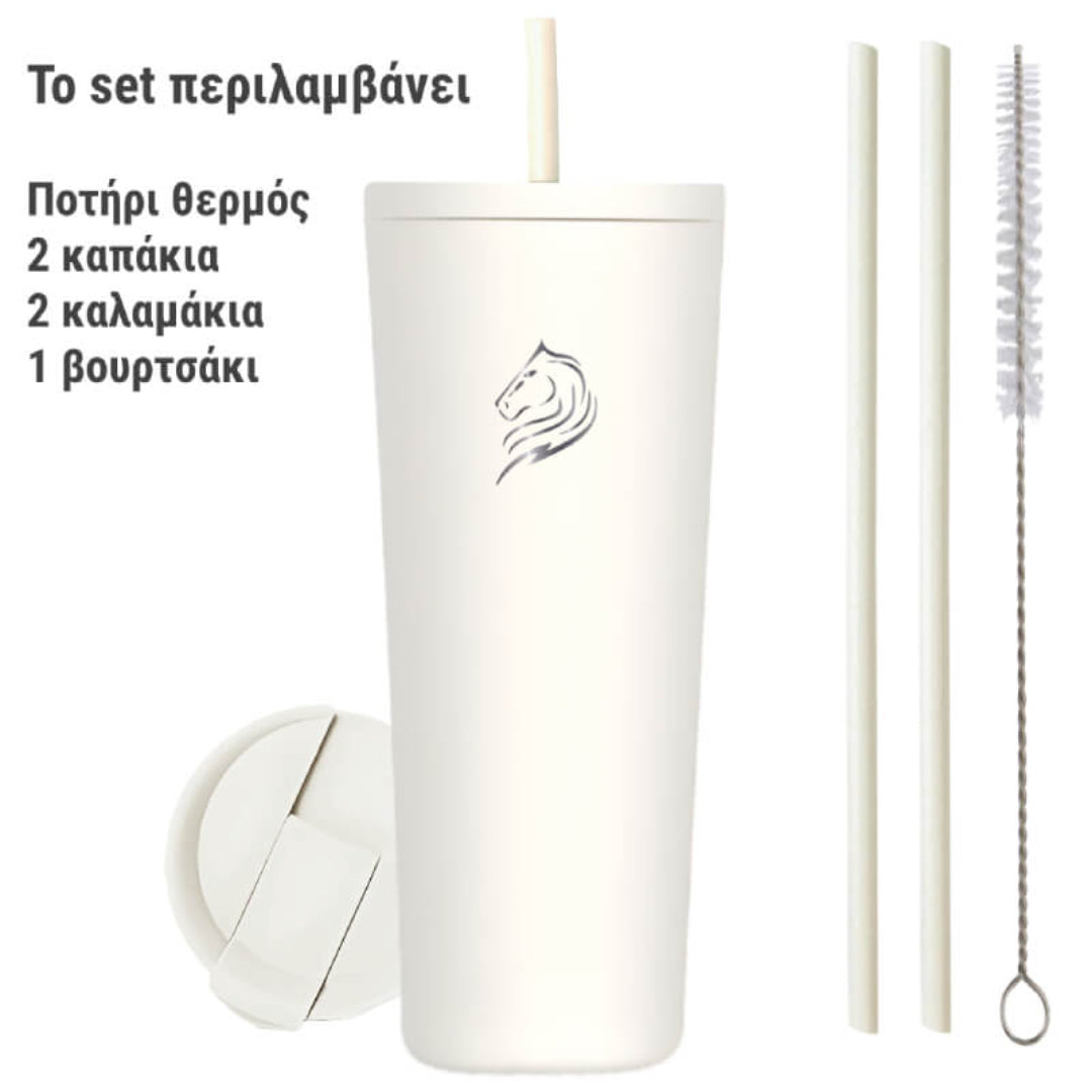 coolnmore Snow classic tumbler ανοξειδωτο θερμος ποτηρι 600ml με 2 καπακια, 2 καλαμακια, βουρτσακι καθαρισμου