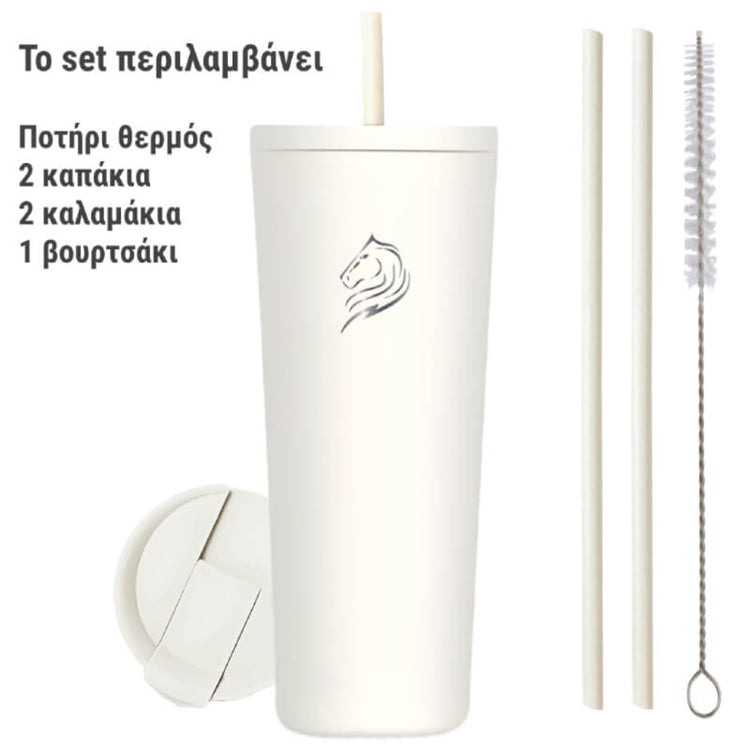 coolnmore Snow classic tumbler ανοξειδωτο θερμος ποτηρι 600ml με 2 καπακια, 2 καλαμακια, βουρτσακι καθαρισμου