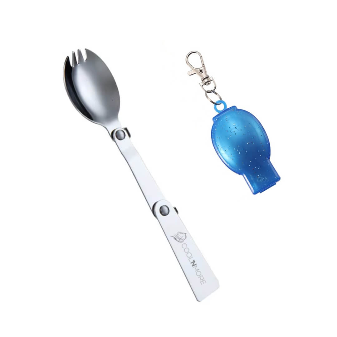 Folding spork with white handle and blue fish-shaped keychain on a white background