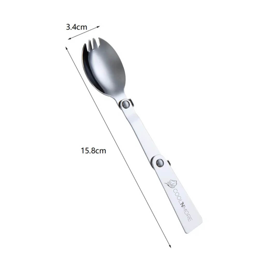 Measurement chart of a silver Coolnmore Spork with dimensions labeled on a white background