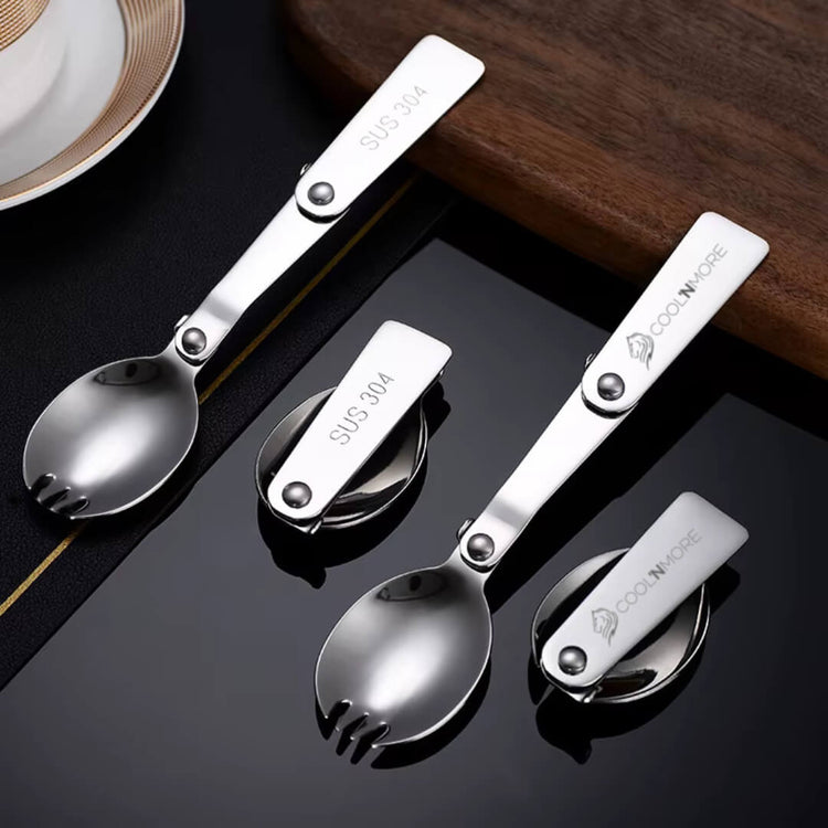 Set of silver cutlery with 'Coolnmore' branding on a dark surface.