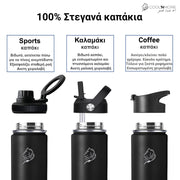 coolnmore jet black θερμος 750ml  με 3 διαφορετικα καπακια 100% στεγανα