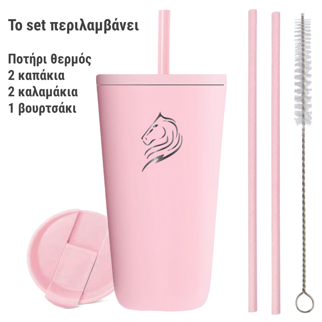 coolnmore θερμος ποτηρι για καφε 350ml, set με 2 καπακια, 2 καλαμακια, και βουρτσακι καθαρισμου, χρωμα ροζ