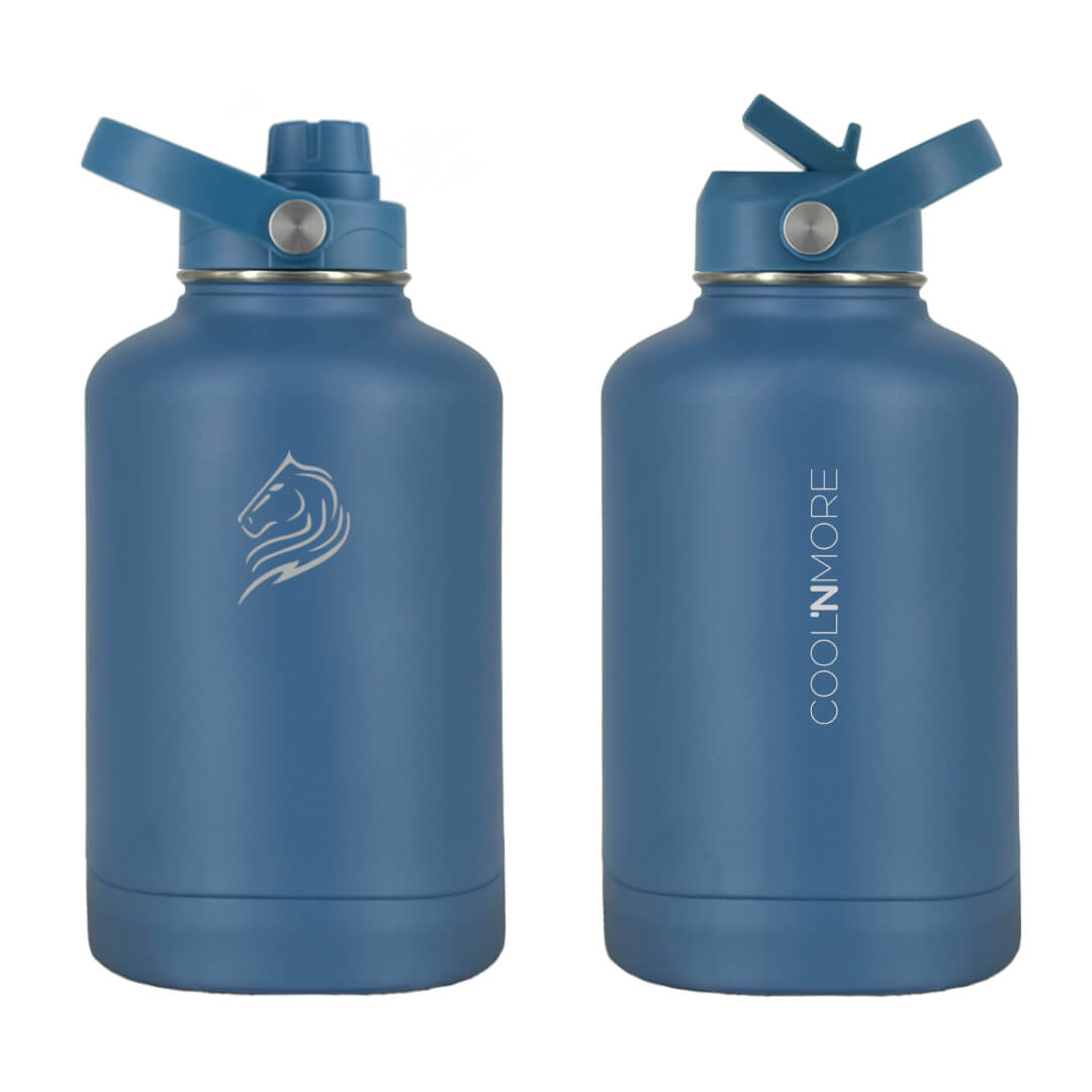 Coolnmore Denim θερμος 1.5lt.  Two blue water bottles with straws on a white background