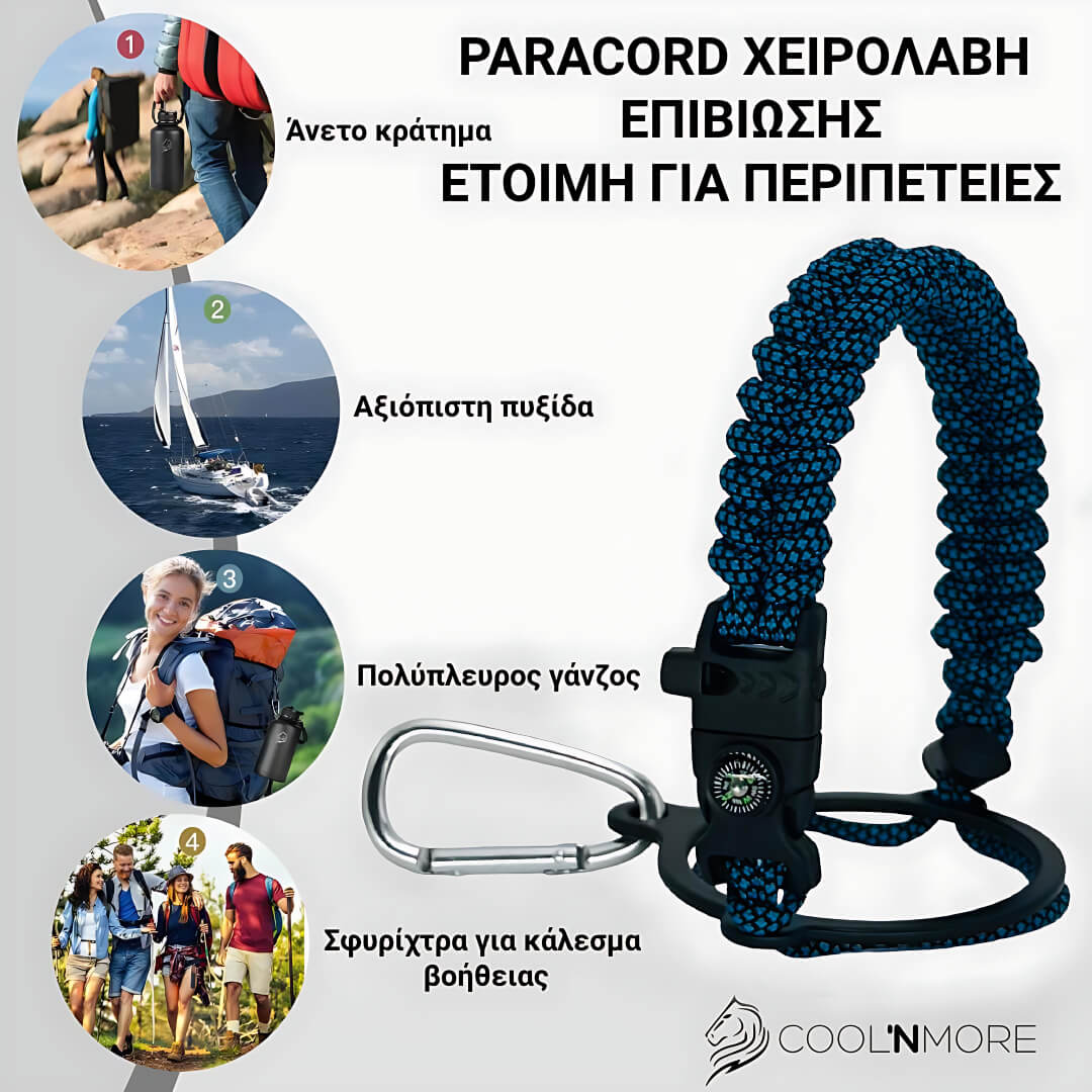 Coolnmore Denim θερμος νερου 1 λιτρου με καλαμακι. Paracord lanyard with carabiner on a white background, featuring images of people and outdoor activities.