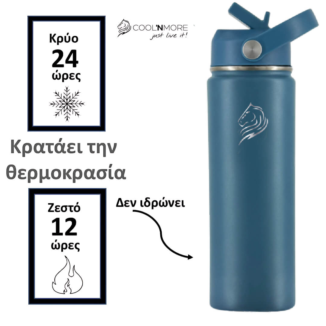 Coolnmore παγουρι θερμος νερου ανοξειδωτο με καλαμακι. Blue insulated bottle with temperature display text and Coolnmore branding on a white background