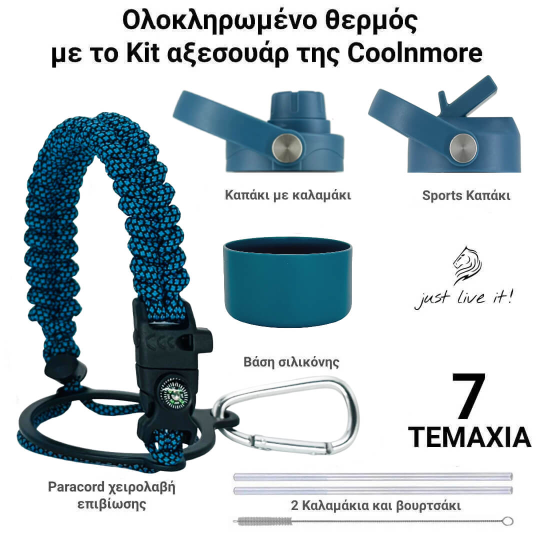 Collection of blue set accessories with Coolmore bottles branding on a white background. Coolnmore παγουρι θερμος νερου ανοξειδωτο με καλαμακι. 
