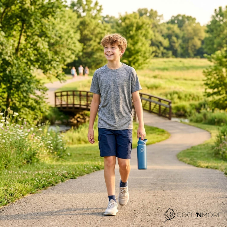 Coolnmore παγουρι θερμος νερου ανοξειδωτο με καλαμακι. Young boy walking on a path in a park holding a water bottle, with 'Coolmore' branding visible.
