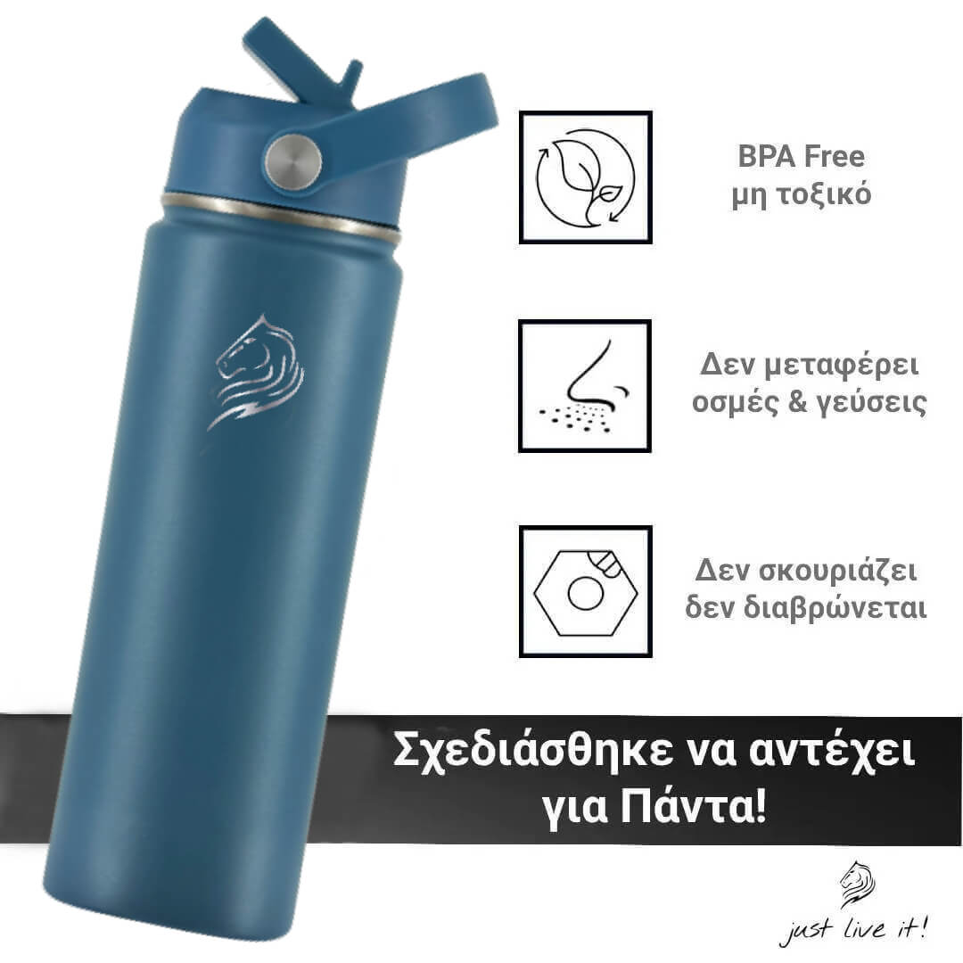 Coolnmore παγουρι θερμος νερου ανοξειδωτο με καλαμακι. Blue water bottle with a straw lid on a white background, featuring BPA-free and eco-friendly icons.