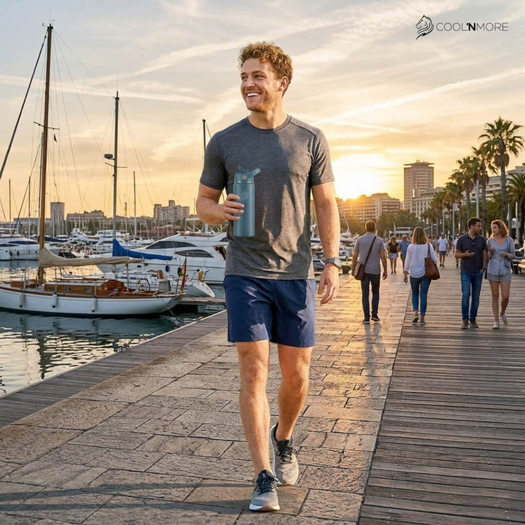 Coolnmore παγουρι θερμος νερου ανοξειδωτο με καλαμακι. Man walking along a dock with boats and people in the background, wearing a gray t-shirt and blue shorts.