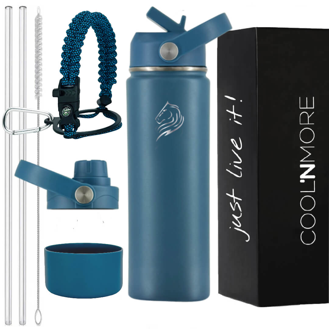 Coolnmore παγουρι θερμος νερου ανοξειδωτο με καλαμακι. Blue water bottle set with accessories and packaging on a white background