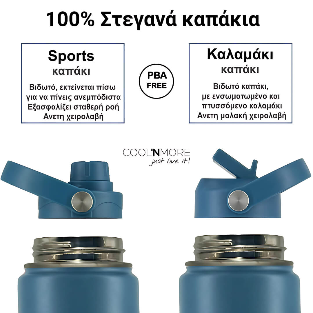 Coolnmore Denim παγούρι θερμός νερού 750ml με καλαμάκι. Blue water bottles with different types of lids on a white background, featuring text in Greek.