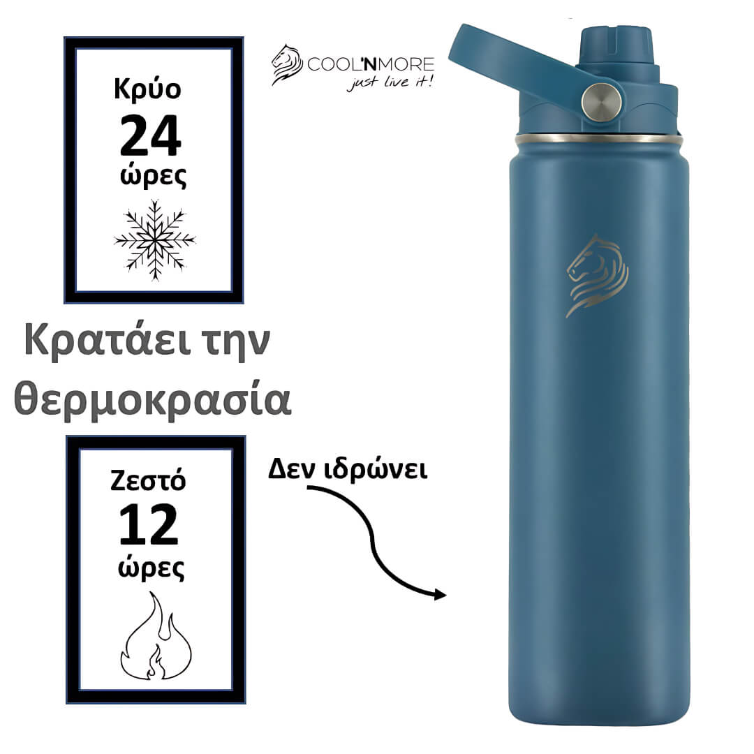 Coolnmore Denim παγούρι θερμός νερού 750ml με καλαμάκι. Blue insulated bottle with temperature display text and Coolnmore logo on a white background