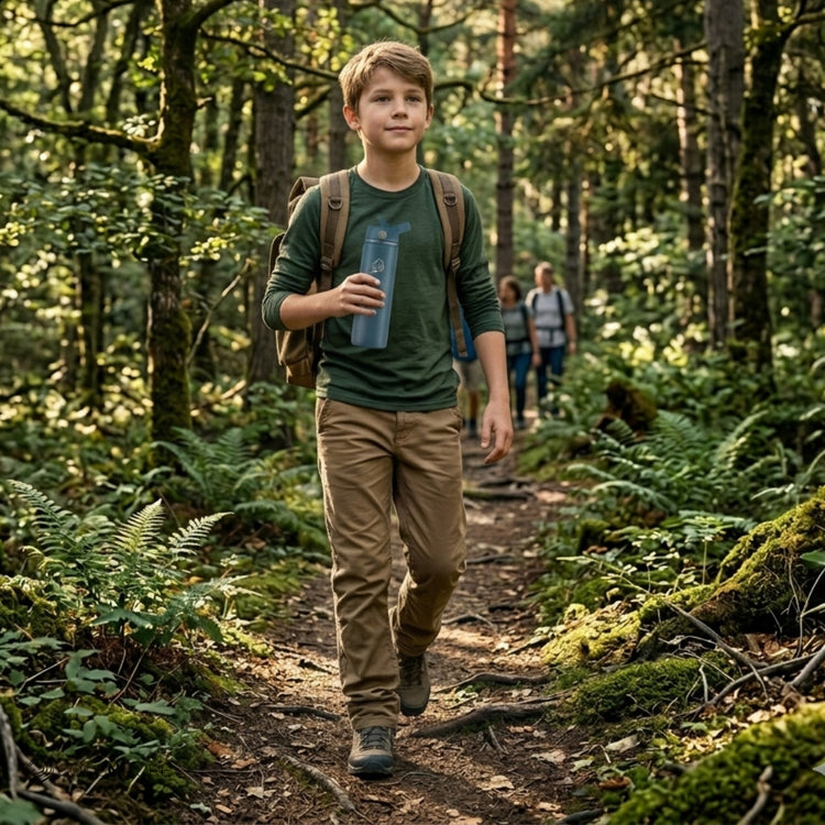 Coolnmore Denim παγούρι θερμός νερού 750ml με καλαμάκι. Child hiking in a forest with a backpack and water bottle