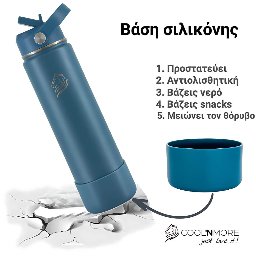 Coolnmore Denim παγούρι θερμός νερού 750ml με καλαμάκι. Blue water bottle with detachable silicone base on a white background, featuring Coolnmore branding.