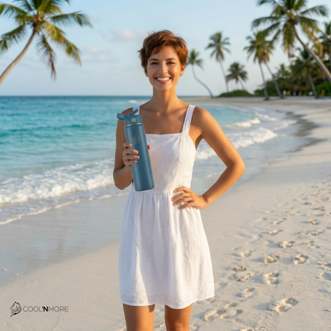 Coolnmore Denim παγούρι θερμός νερού 750ml με καλαμάκι. Woman holding a blue water bottle on a tropical beach with palm trees.