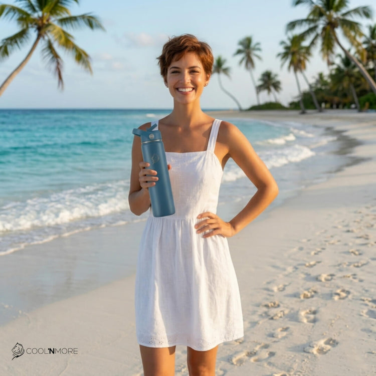 Coolnmore Denim παγούρι θερμός νερού 750ml με καλαμάκι. Woman holding a blue water bottle on a tropical beach with palm trees.
